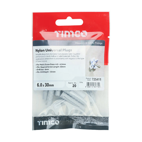 This is an image of Timco - Nylon Universal Plugs 6.0 x 30mm - (20 PCS TIMpac) 725411