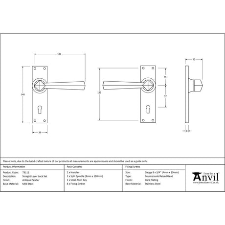 From The Anvil - Antique Pewter Straight Lever Lock Set | Sku. 73112 | Trade Door Handles.