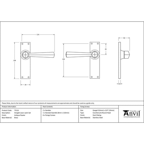 From The Anvil - Antique Pewter Straight Lever Latch Set | Sku. 73116 | Trade Door Handles.