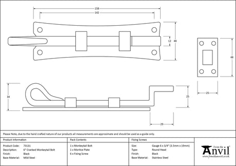 From The Anvil - Black 6" Cranked Monkeytail Bolt | Sku. 73131 | Trade Door Handles.