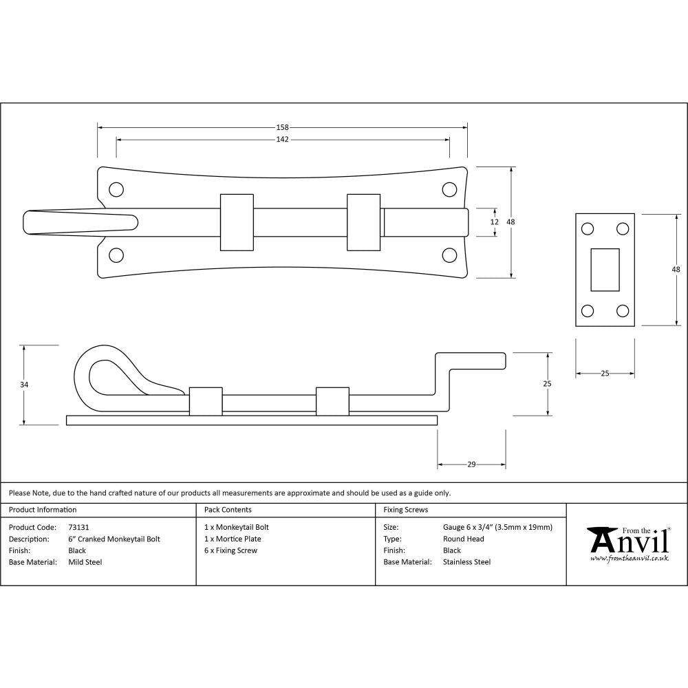 From The Anvil - Black 6" Cranked Monkeytail Bolt | Sku. 73131 | Trade Door Handles.