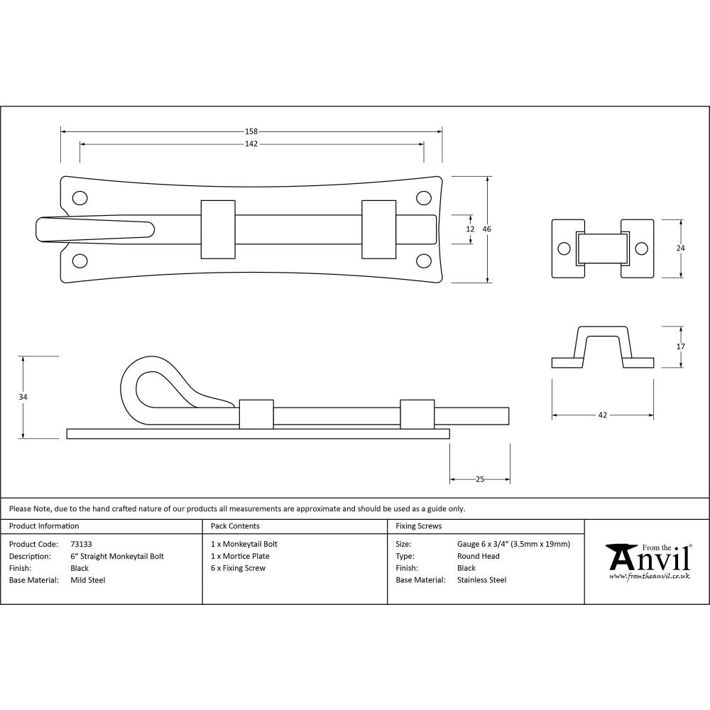 From The Anvil - Black 6" Straight Monkeytail Bolt | Sku. 73133 | Trade Door Handles.