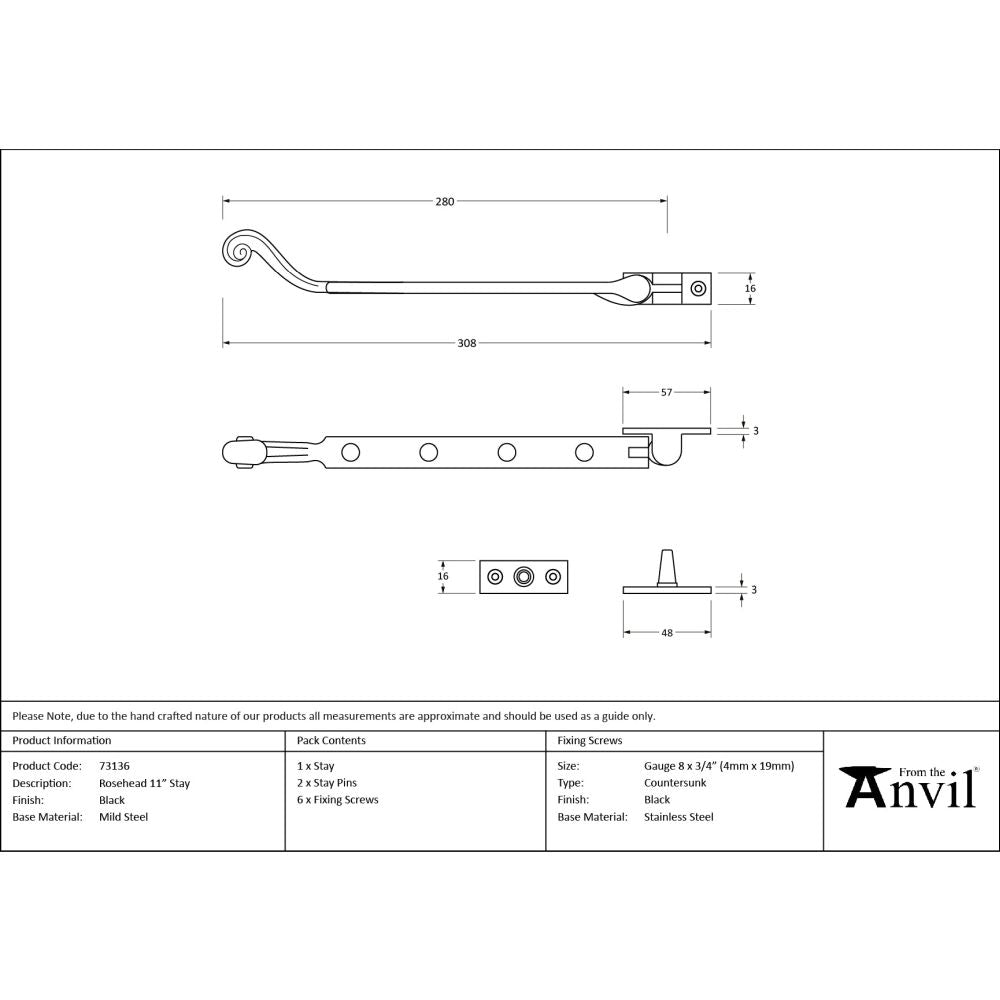 From The Anvil - Black 11" Rosehead Stay | Sku. 73136 | Trade Door Handles.