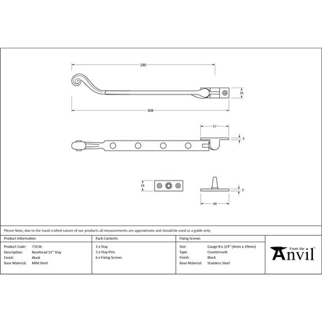 From The Anvil - Black 11" Rosehead Stay | Sku. 73136 | Trade Door Handles.