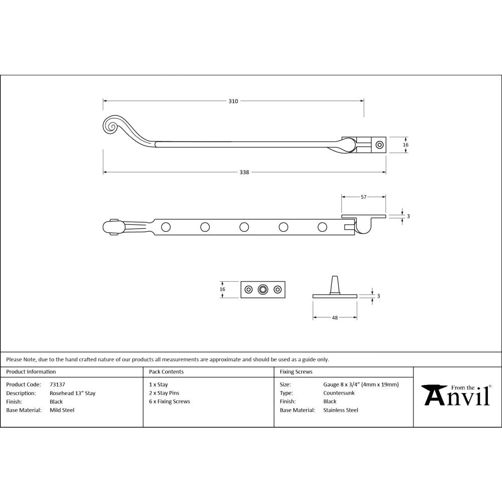 From The Anvil - Black 13" Rosehead Stay | Sku. 73137 | Trade Door Handles.