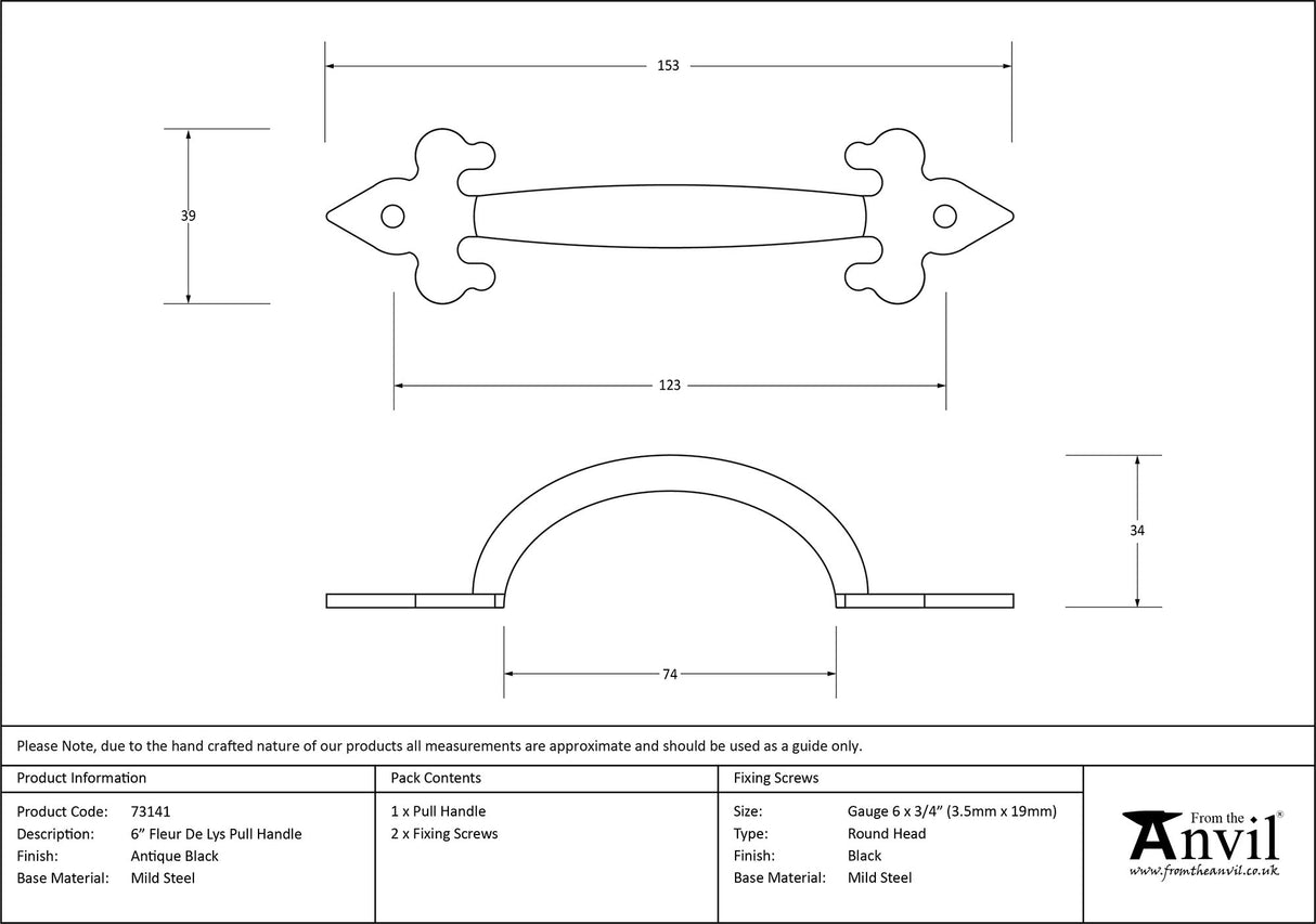 From The Anvil - Black Cast 6" Fleur De Lys Pull Handle | Sku. 73141 | Trade Door Handles.