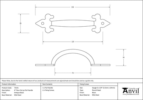 From The Anvil - Black Cast 6" Fleur De Lys Pull Handle | Sku. 73141 | Trade Door Handles.