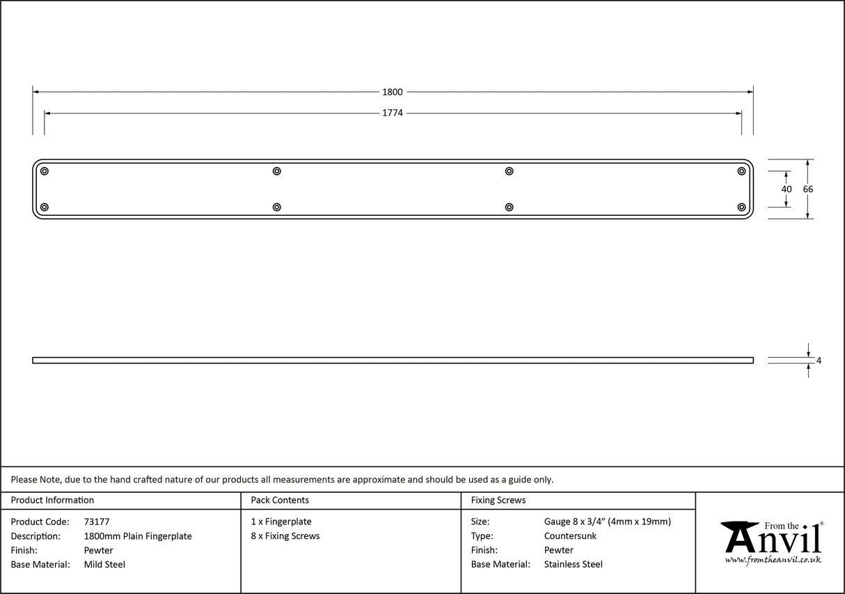 From The Anvil - Pewter 1800mm Plain Fingerplate | Sku. 73177 | Trade Door Handles.