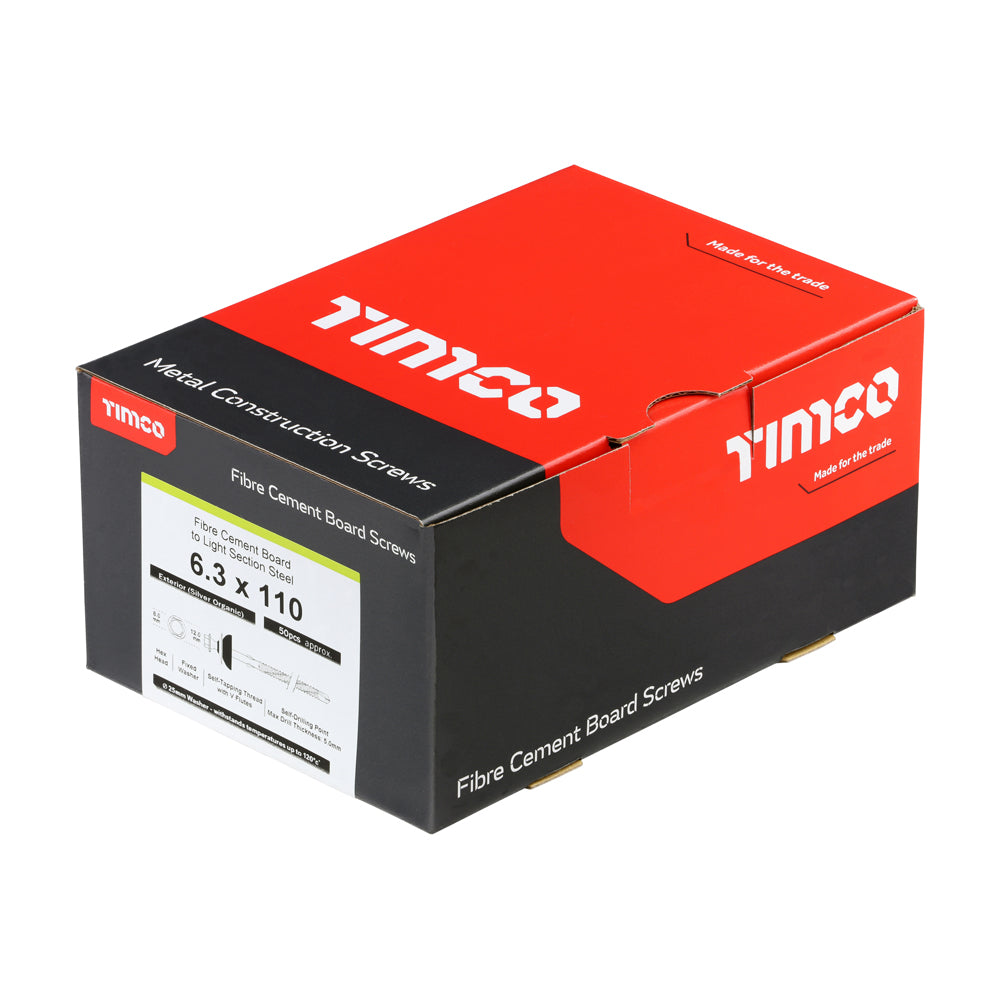 This is an image of Timco - Metal Construction Fibre Cement Board to Light Section Screws - Hex - Self-Drilling - Exterior - Silver Organic 6.3 x 110mm - (50 PCS Box) 731816