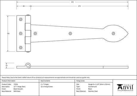 From The Anvil - Black Smooth 12" Cast T Hinge (pair) | Sku. 73226 | Trade Door Handles.