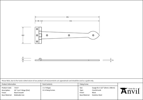 From The Anvil - Black Smooth 16" Cast T Hinge (pair) | Sku. 73227 | Trade Door Handles.