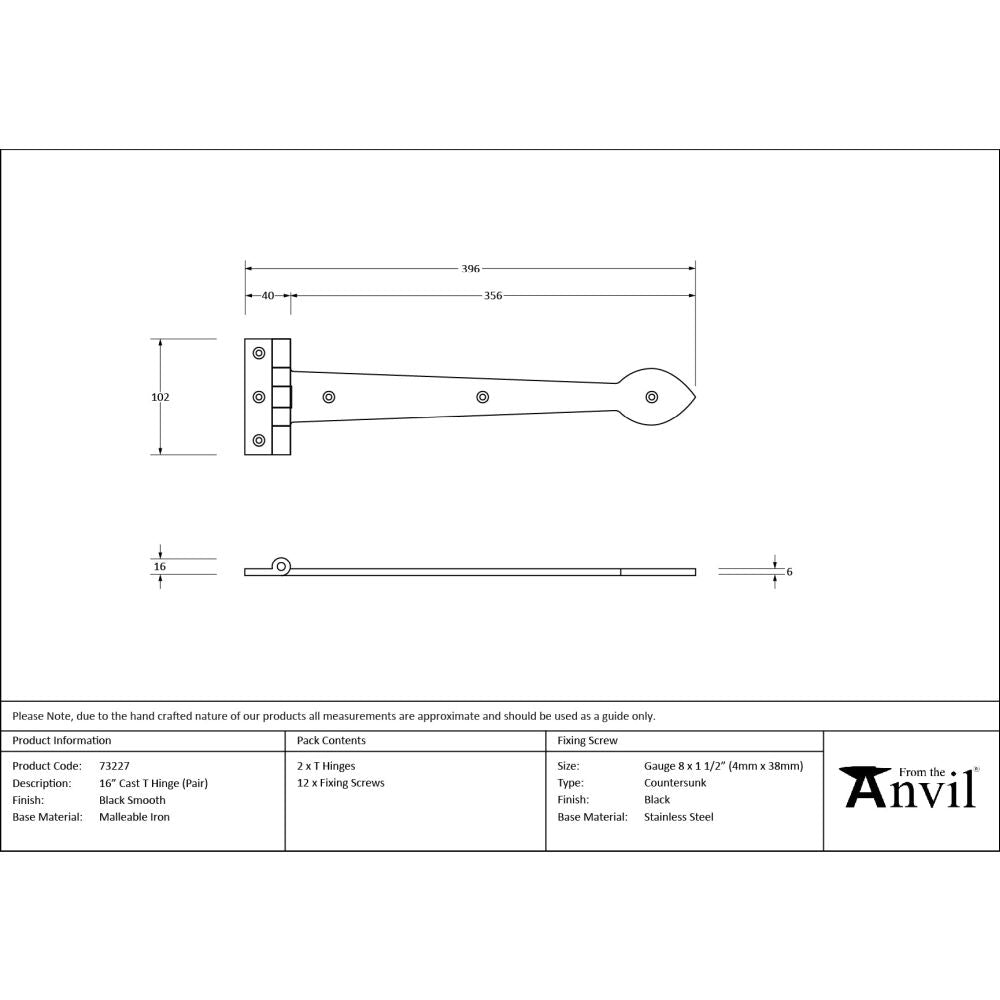 From The Anvil - Black Smooth 16" Cast T Hinge (pair) | Sku. 73227 | Trade Door Handles.
