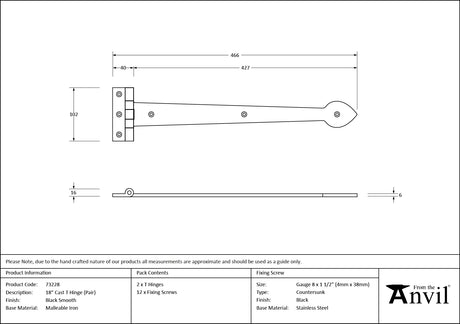 From The Anvil - Black Smooth 18" Cast T Hinge (pair) | Sku. 73228 | Trade Door Handles.