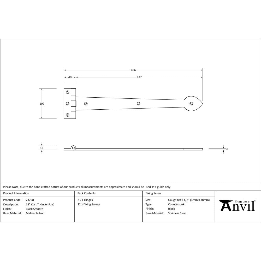 From The Anvil - Black Smooth 18" Cast T Hinge (pair) | Sku. 73228 | Trade Door Handles.