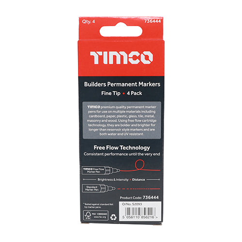 This is an image of Timco - Builders Permanent Markers - Fine Tip - Mixed Colours Fine Tip (4 Pieces Box) 736444