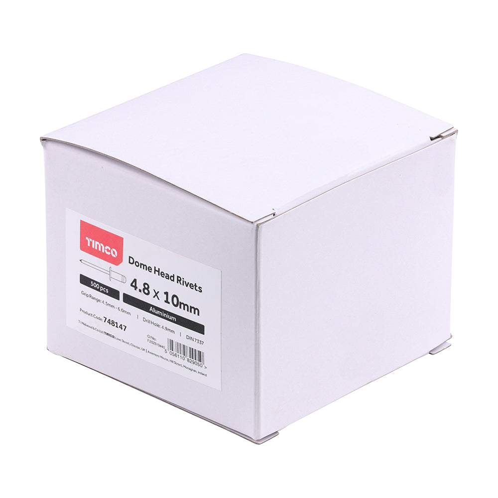This is an image of Timco - Rivets - Dome Head - Aluminium 4.8 x 10mm - (500 PCS Box) 748147