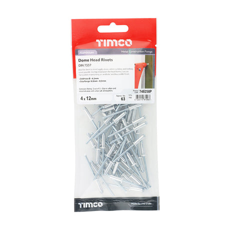 This is an image of Timco - Rivets - Dome Head - Aluminium 4.0 x 12mm - (63 PCS TIMpac) 748258P