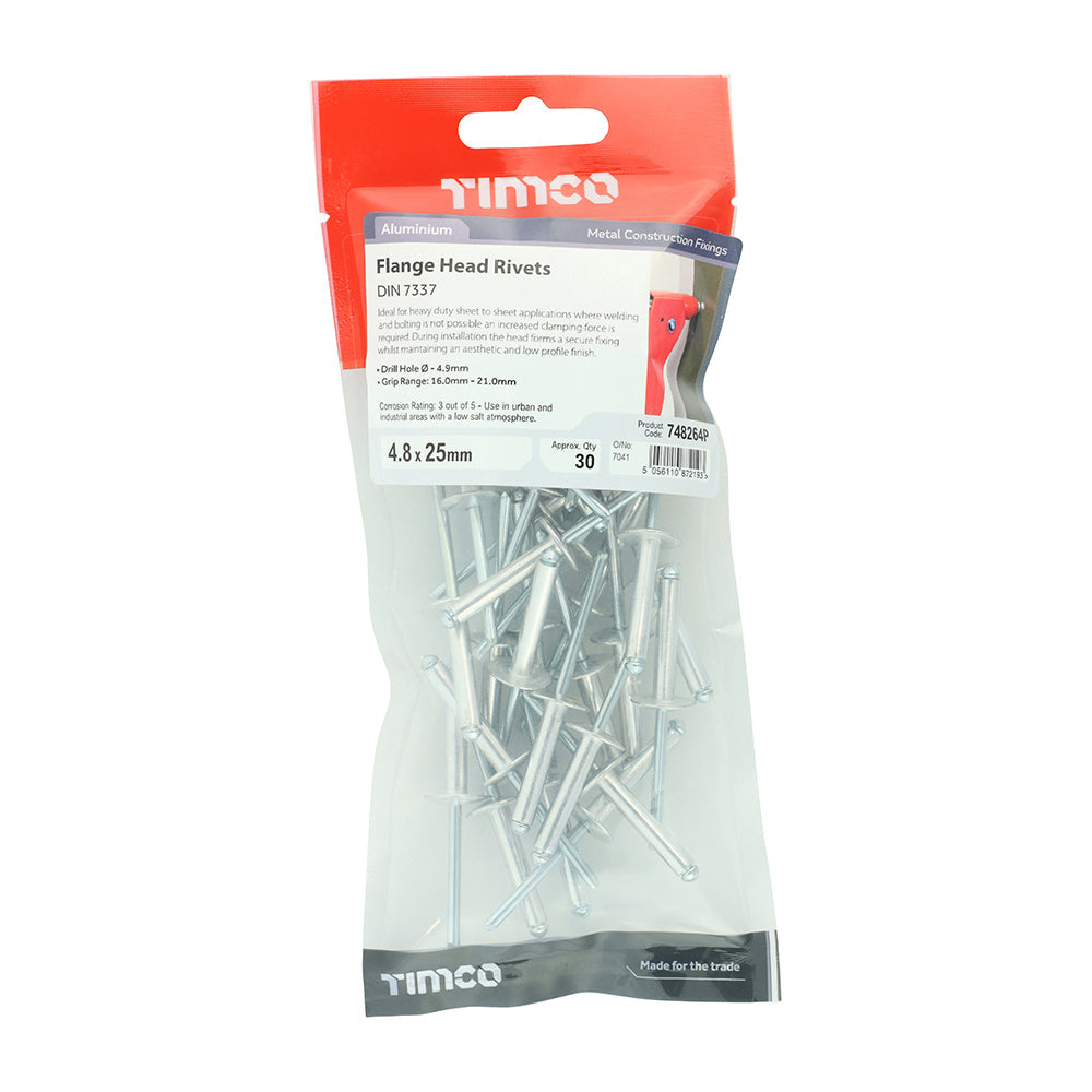 This is an image of Timco - Rivets - Flange Head - Aluminium 4.8 x 25mm - (30 PCS TIMpac) 748264P