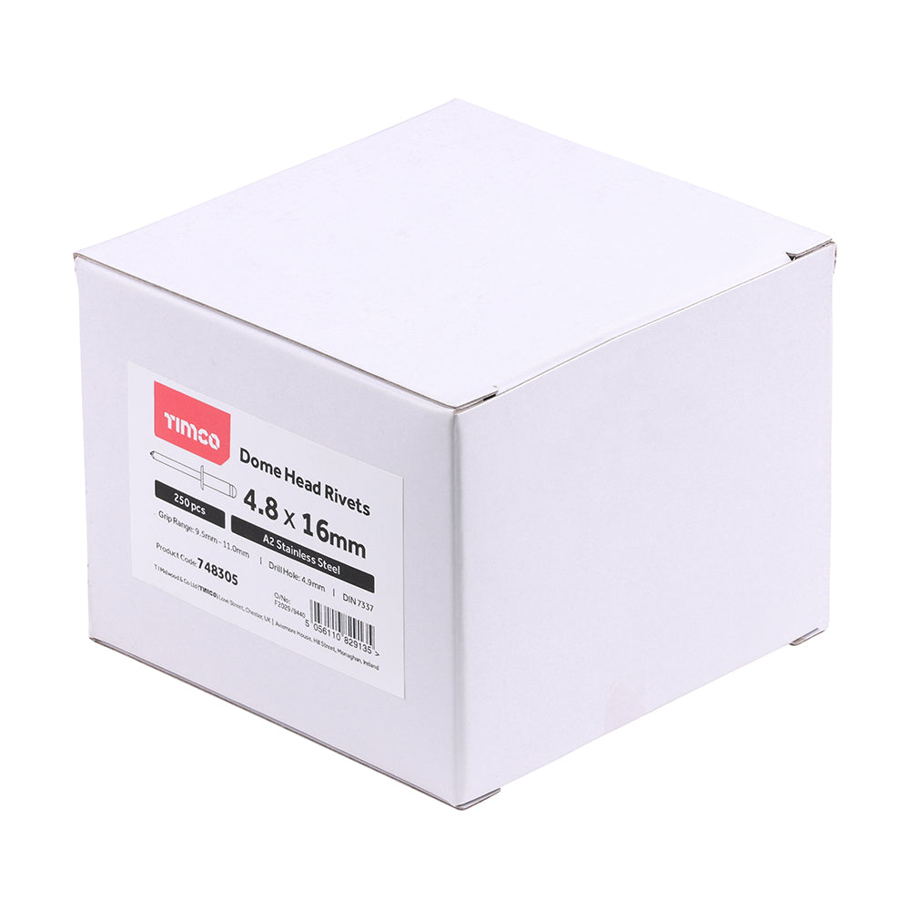 This is an image of Timco - Rivets - Dome Head - A2 Stainless Steel 4.8 x 16mm - (250 PCS Box) 748305