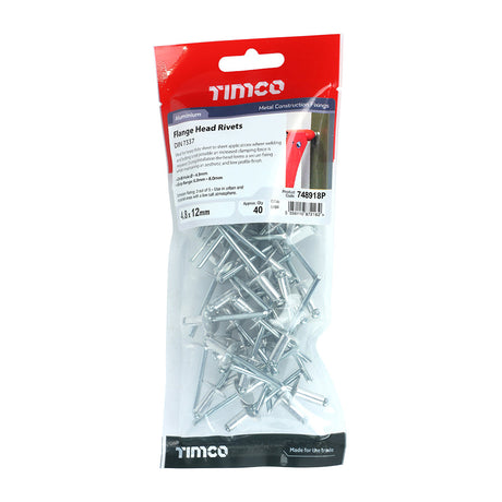 This is an image of Timco - Rivets - Flange Head - Aluminium 4.8 x 12mm - (40 PCS TIMpac) 748918P