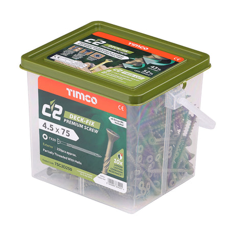 This is an image of Timco - C2 Deck-Fix Screws - TX - Countersunk with Ribs - Twin-Cut - Green 4.5 x 75mm - (250 PCS Tub) 75C2D250