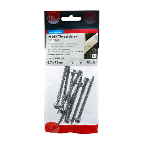 This is an image of Timco - Timber Screws - Hex - Stainless Steel 6.7 x 75mm - (8 PCS TIMpac) 75INDEXSSTP