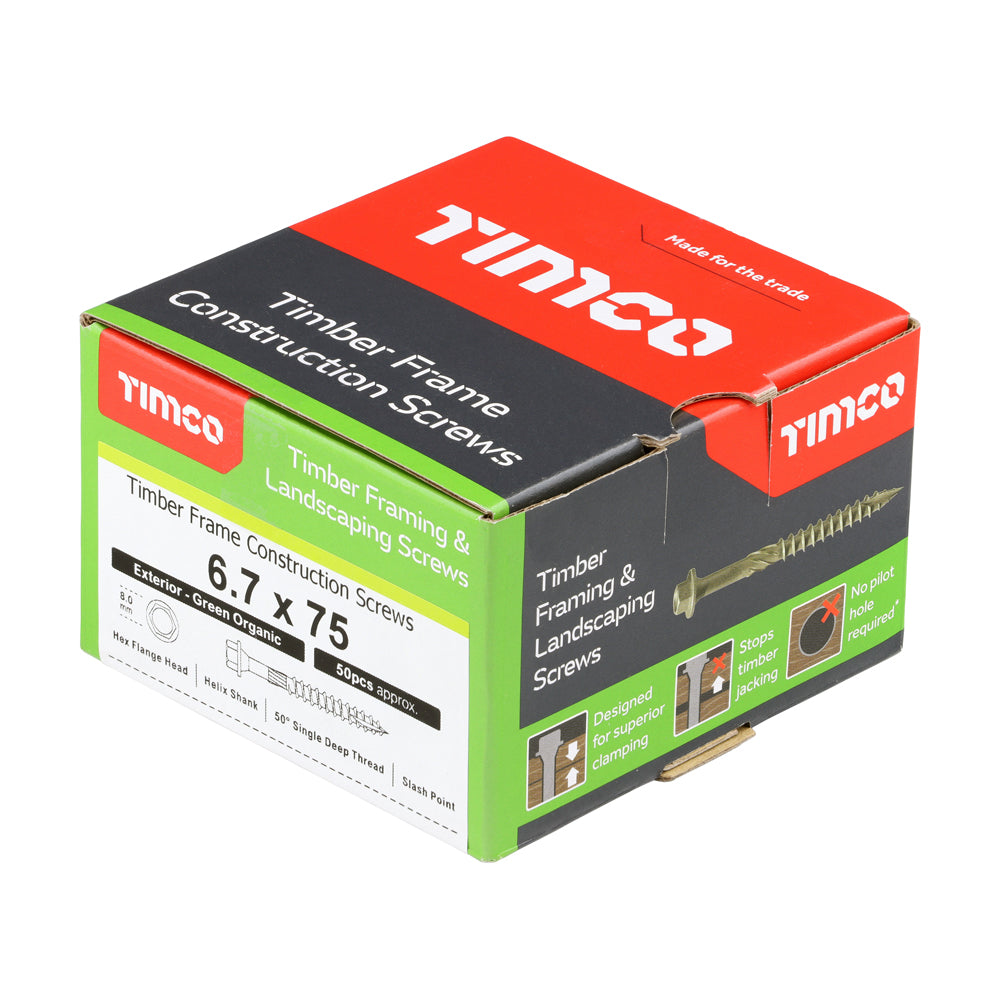This is an image of Timco - Timber Frame Construction & Landscaping Screws - Hex - Exterior - Green Organic 6.7 x 75mm - (50 PCS Box) 75IN