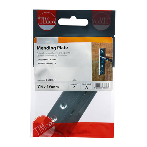 This is an image of Timco - Mending Plates - Zinc 75 x 16 (4 Pieces TIMpac) 75MPLP