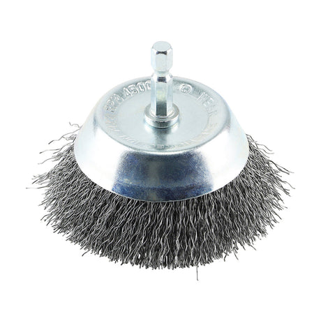 This is an image of Timco - Drill Cup Brush - Crimped Steel Wire 75mm (1 Each Blister Pack) 75SCC