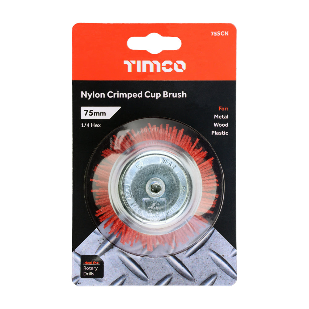 This is an image of Timco - Drill Cup Brush - Nylon 75mm (1 Each Blister Pack) 75SCN