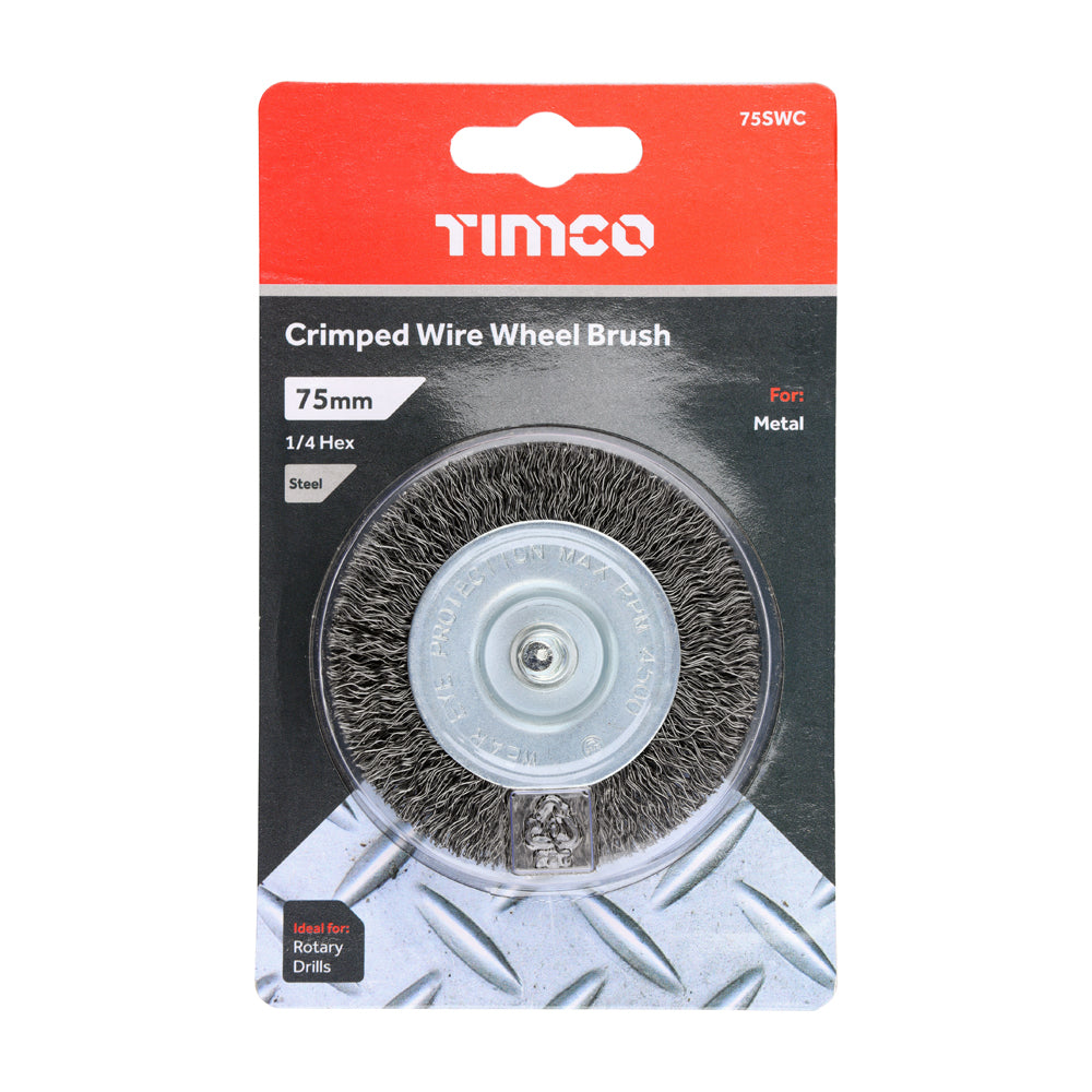 This is an image of Timco - Drill Wheel Brush - Crimped Steel Wire 75mm (1 Each Blister Pack) 75SWC