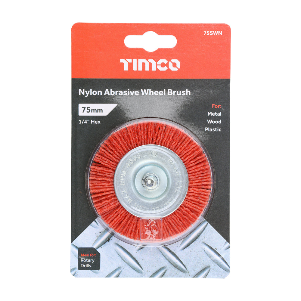This is an image of Timco - Drill Wheel Brush - Nylon 75mm (1 Each Blister Pack) 75SWN