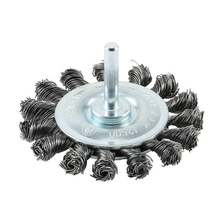 This is an image of Timco - Drill Wheel Brush - Twisted Knot Steel Wire 75mm (1 Each Blister Pack) 75SWT