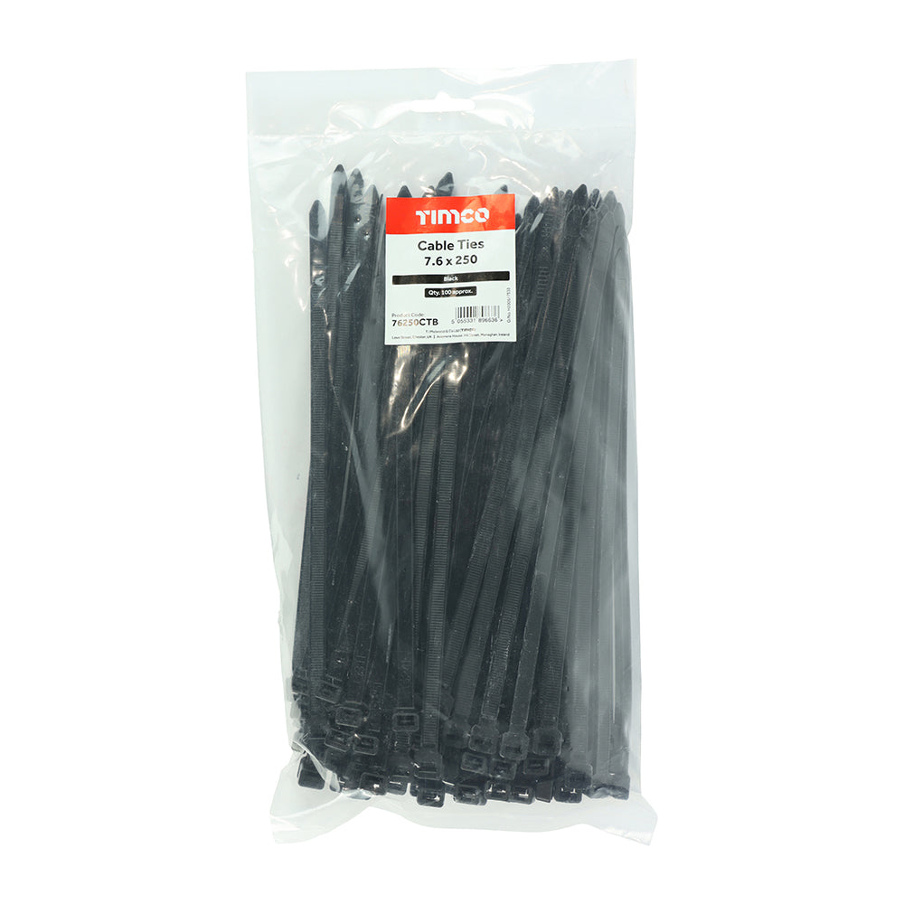 This is an image of Timco - Cable Ties - Black 7.6 x 250mm - (100 PCS Bag) 76250CTB