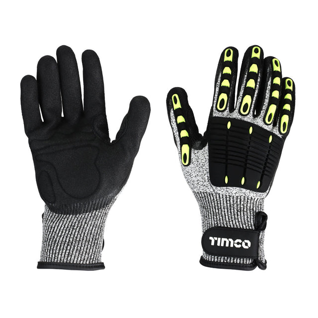 This is an image of Timco - Impact Cut Glove - Sandy Nitrile Coated HPPE Fibre and Glass Fibre Gloves with TPR Pads X Large (1 Pairs Backing Card) 770007
