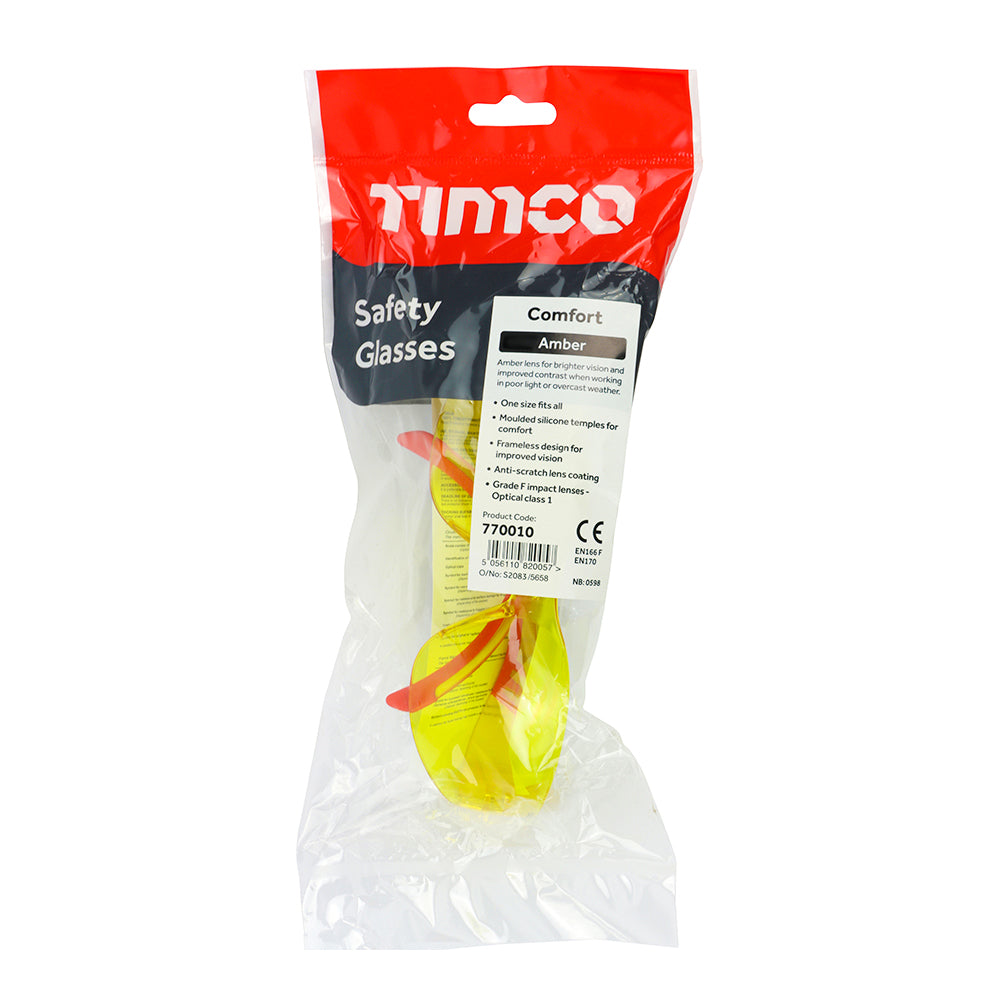 This is an image of Timco - Comfort Safety Glasses - Amber One Size (1 Each Bag) 770010