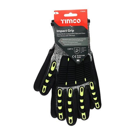 This is an image of Timco - Impact Cut Glove - Sandy Nitrile Coated HPPE Fibre and Glass Fibre Gloves with TPR Pads Large (1 Pairs Backing Card) 770036