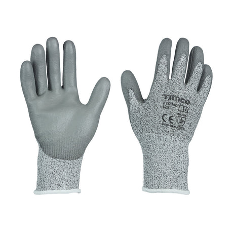 This is an image of Timco - Medium Cut Gloves - PU Coated HPPE Fibre with Glass Fibre Large (1 Pairs Backing Card) 770040