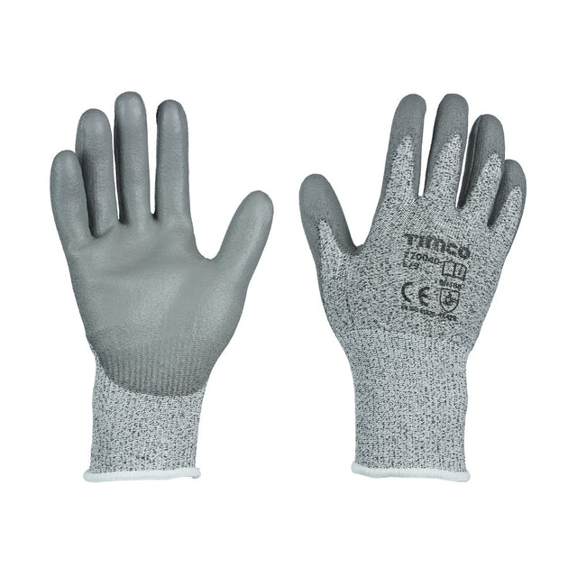 This is an image of Timco - Medium Cut Gloves - PU Coated HPPE Fibre with Glass Fibre Large (1 Pairs Backing Card) 770040