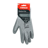 This is an image of Timco - Medium Cut Gloves - PU Coated HPPE Fibre with Glass Fibre Large (1 Pairs Backing Card) 770040