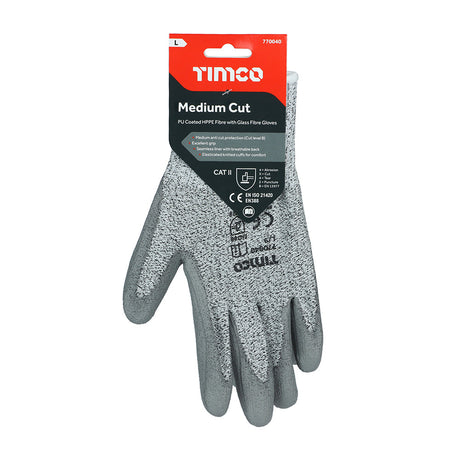 This is an image of Timco - Medium Cut Gloves - PU Coated HPPE Fibre with Glass Fibre Large (1 Pairs Backing Card) 770040