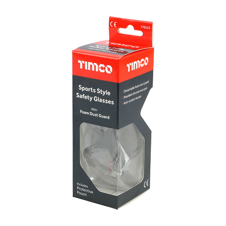 This is an image of Timco - Sports Style Safety Glasses - With Foam Dust Guard - Clear One Size (1 Each Box) 770123