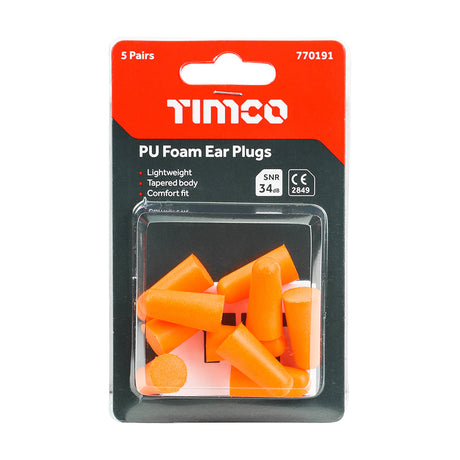 This is an image of Timco - PU Foam Ear Plugs One Size (5 Pairs Blister Pack) 770191