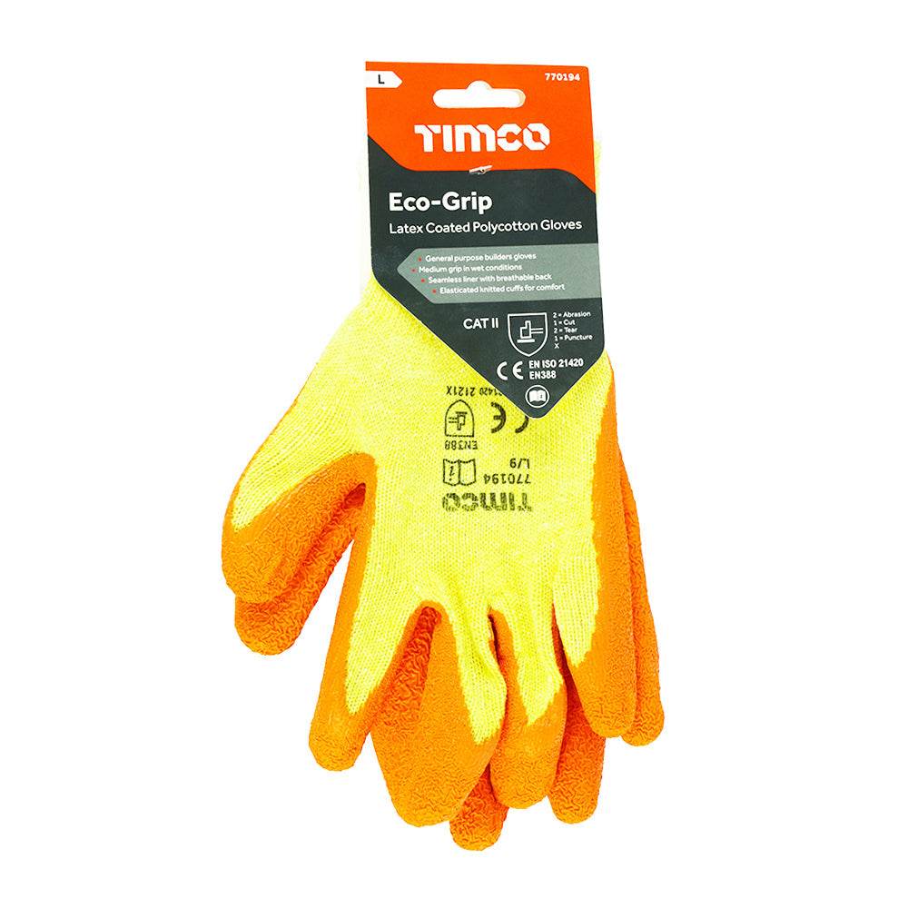 This is an image of Timco - Eco-Grip Gloves - Crinkle Latex Coated Polycotton Large (1 Pairs Backing Card) 770194