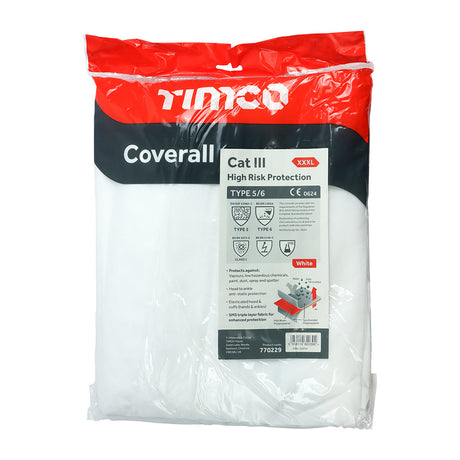 This is an image of Timco - Cat III Type 5/6 Coverall - High Risk Protection - White XXX Large (1 Each Bag) 770229