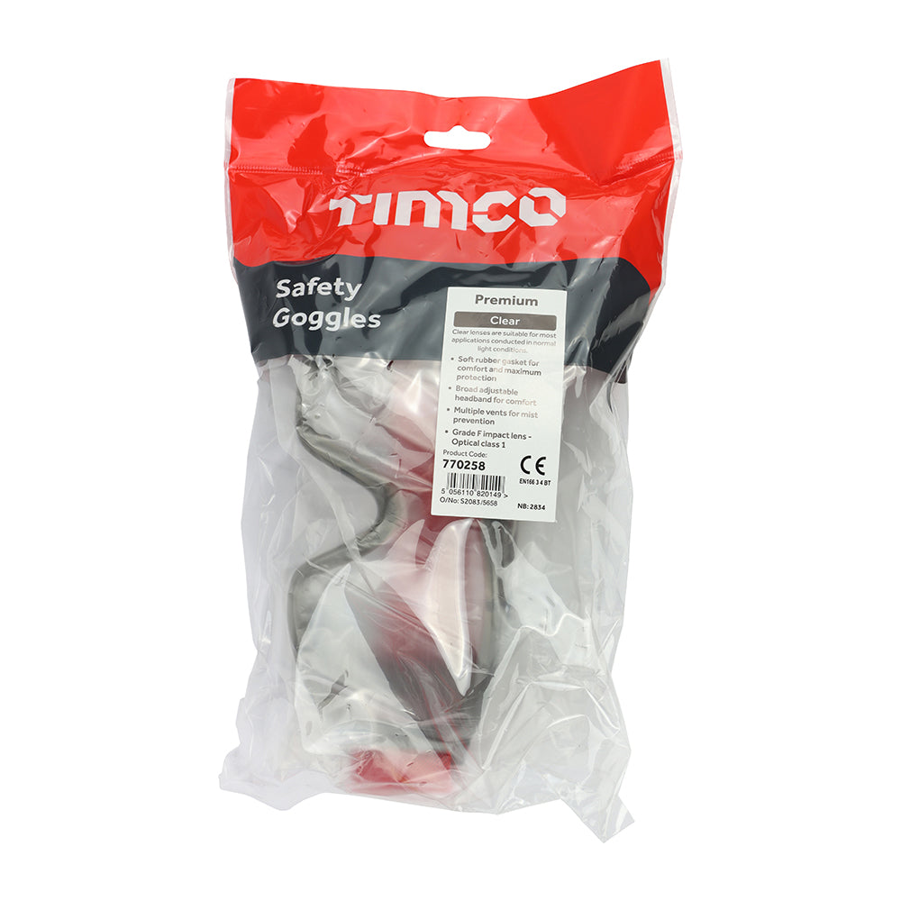 This is an image of Timco - Premium Safety Goggles - Clear One Size (1 Each Bag) 770258