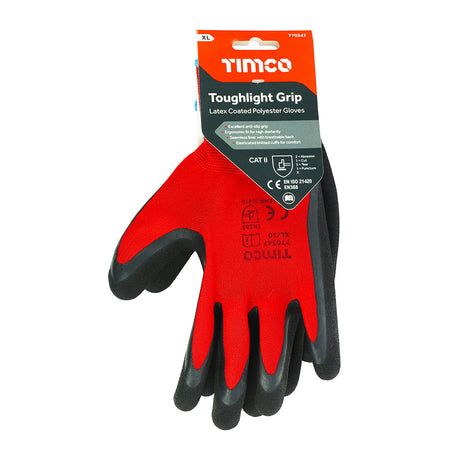 This is an image of Timco - Toughlight Grip Gloves - Sandy Latex Coated Polyester X Large (1 Pairs Backing Card) 770347