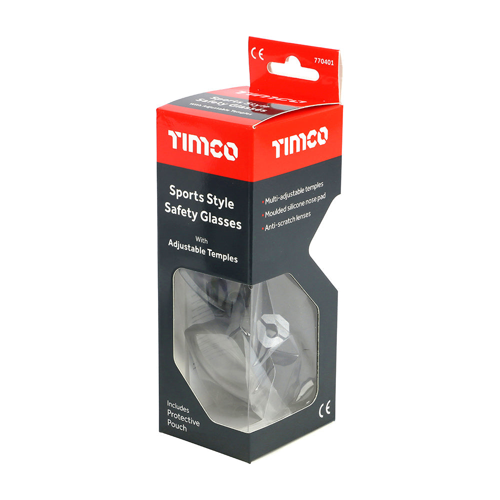 This is an image of Timco - Sports Style Safety Glasses - With Adjustable Temples - Clear One Size (1 Each Box) 770401