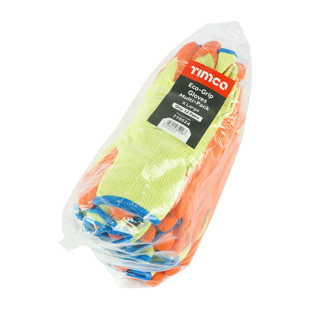 This is an image of Timco - Eco-Grip Gloves - Crinkle Latex Coated Polycotton - Multi Pack X Large (12 Pairs Bag) 770524