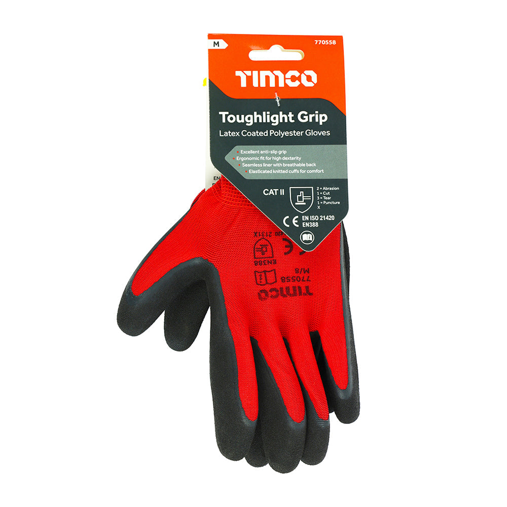 This is an image of Timco - Toughlight Grip Gloves - Sandy Latex Coated Polyester Medium (1 Pairs Backing Card) 770558